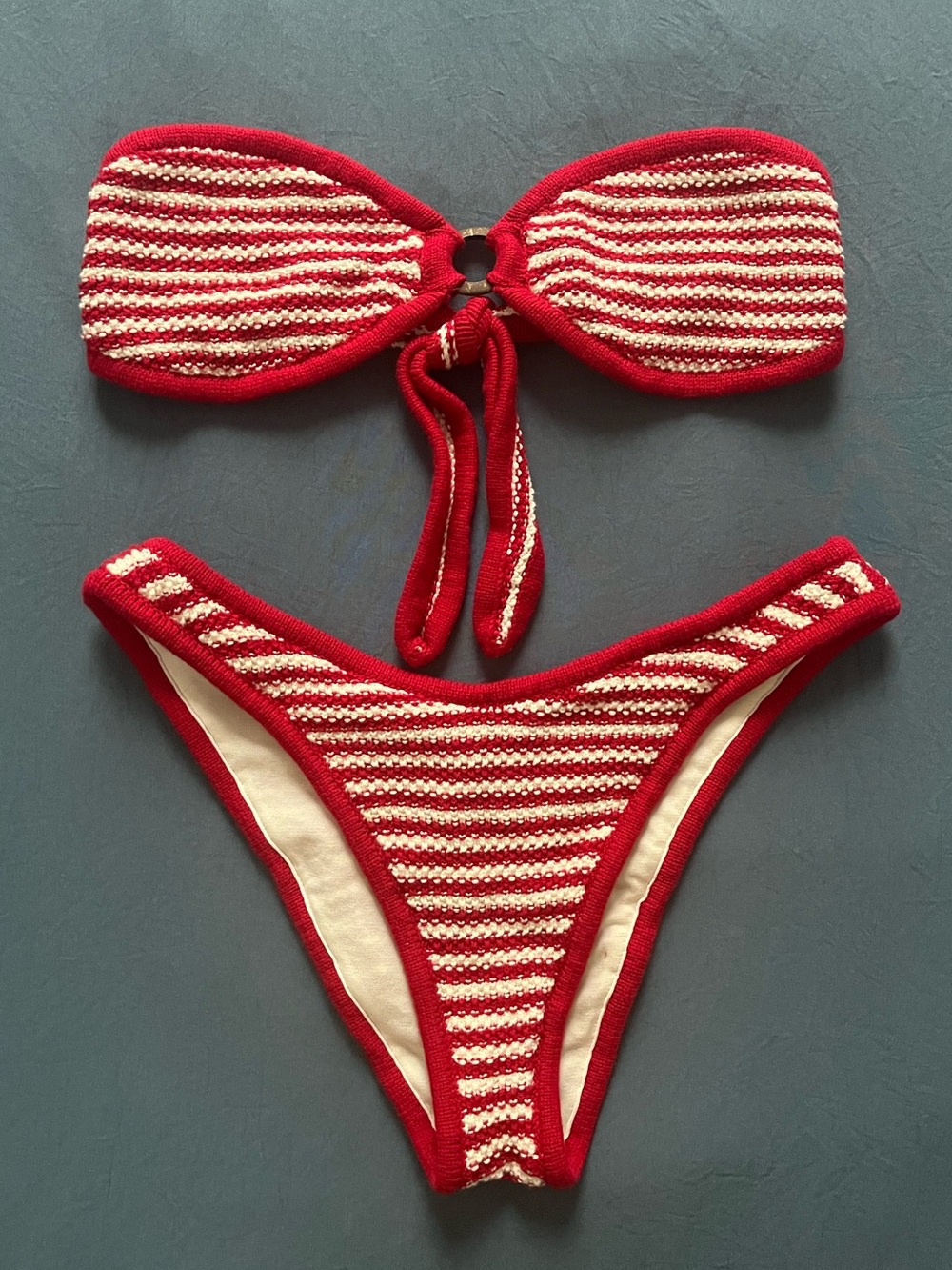PacSun Red and Cream Striped Crochet Bandeau Bikini